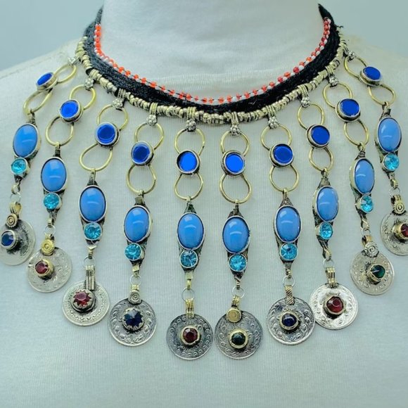 Tribal Dangling Coins Choker Necklace, Long Choker Necklace With Turquoise Stone - Picture 1 of 6